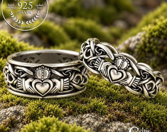 His Hers Sterling Claddagh Ring Set, Modern Claddagh Wedding Rings, Matching Celtic Wedding Bands, Irish Love Rings, 1683 1687