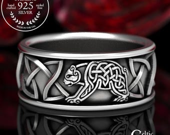 Sterling Silver Bear Wedding Ring, Celtic Bear Ring, Mens Wedding Band, Silve Bear Ring, Wide Mens Ring, Mens Celtic Wedding Band, 1127
