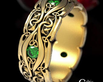 Mens Gold Mushroom Wedding Ring, Emerald Mens Wedding Band, Mushroom Wedding Ring, Gold Mushroom Ring, Celtic Nature Wedding Ring, 1535