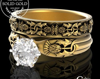 Gold Matching Thistle Engagement Ring Set, 10K Gold Moissanite Solitaire Ring, Scottish Matching Engagement, 14K Bridal Ring Set, 1894 1771