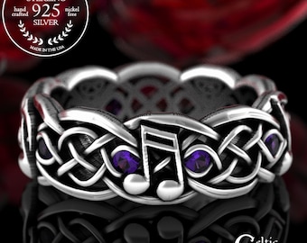 Music Notes Ring, Amethyst Celtic Wedding Ring, Sterling Silver Wedding Ring, Musical Wedding Ring, Music Jewelry, Silver Music Ring, 1714
