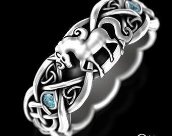 Sterling Unicorn Ring, Blue Topaz Spinel Horse Ring, Magical Creature Jewelry, Womens Celtic Wedding, Girls Silver Irish Horse Ring, 3032