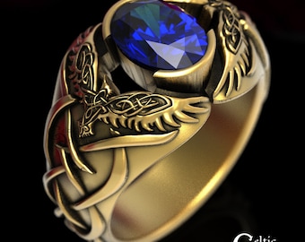 Mens Gold Raven Ring, Sapphire Celtic Ring, Odin Raven Ring, Men Viking Ring, Celtic Wedding Band, Gold Raven Ring, Platinum Mens Ring, 1477