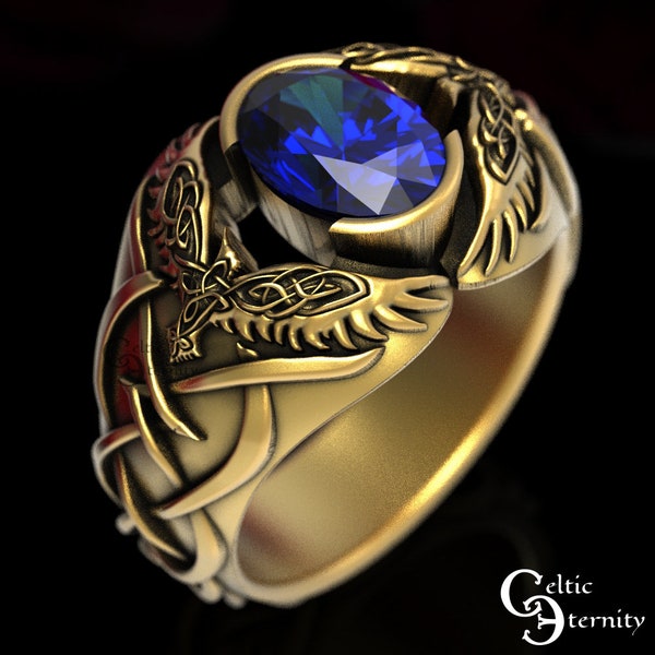 Mens Gold Raven Ring, Sapphire Celtic Ring, Odin Raven Ring, Men Viking Ring, Celtic Wedding Band, Gold Raven Ring, Platinum Mens Ring, 1477