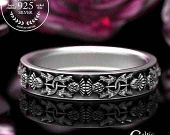 Sterling Silver Thistle Wedding Ring, Women's Highland Bloom Handfasting Ring, Ladys Scottish Silver Thorned Blossom Sacred Union Band, 1771