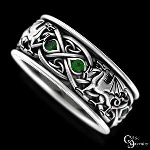 Mens Emerald Welsh Dragon Ring, Sterling Silver Dragons Wedding Band, Viking Dragon Ring, Celtic Irish Knotwork Ring, Nordic Dragons, 3109