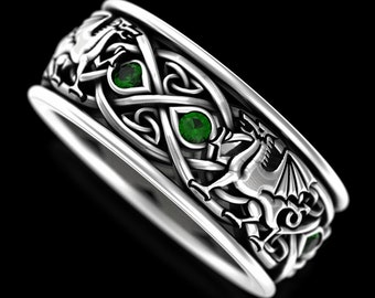 Mens Emerald Welsh Dragon Ring, Sterling Silver Dragons Wedding Band, Viking Dragon Ring, Celtic Irish Knotwork Ring, Nordic Dragons, 3109