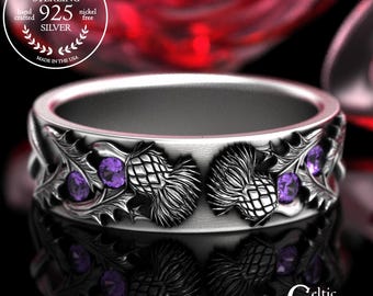 Amethyst Irish Thistle Wedding Band, Sterling Woman's Celtic Thistle Ring, Silver & Purple Scottish Flower Knotwork Jewelry, 2128
