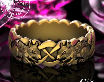 Woman's Gold Squirrel Wedding Band, Platinum Irish Squirrels Ring, 14K Gold Tree Squirrel with Celtic Knotwork Ring, 2159