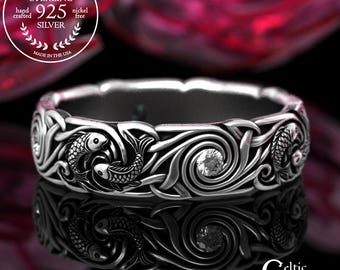 Woman's Moissanite Pisces Wedding Band, Sterling Zen Koi Fish Ring, Yin Yang Balance Anniversary Ring, 2098