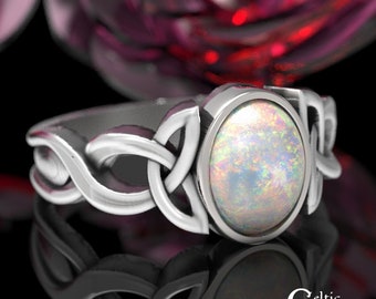 Opal Engagement Ring, Sterling Silver White Opal Ring, Silver Celtic Opal Ring, Irish Opal Wedding Ring, Sterling Womens Opal Ring, 1131