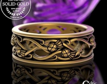 Gold Men's Woven Thistles Ring, 14K White Gold Scottish Heritage Ring, Platinum Celtic Groom Wedding Band, 18K Irish Floral Marriage, 3302