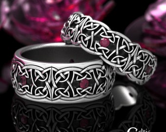 Silver Ruby Matching Rings, Sterling Celtic Wedding Ring Set, Sterling Matching Wedding Bands, Ruby Celtic Wedding Ring Set, 1822 1823