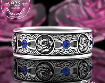Sapphire Celtic Rose Wedding Band, Sterling Irish Rose Wedding Ring, Sapphire Celtic Knot Ring, Sapphire Irish Wedding Ring, 3045