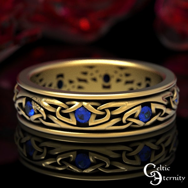 Sapphire & Gold Wedding Ring, Narrow Celtic Wedding Band, Platinum Wedding Ring, Sapphire Celtic Ring, Mens Gold Wedding Band, 1469