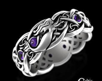 Sterling Celtic Mermaid Wedding Band, Amethyst Womens Irish Mermaid Ring, Siren Ring, Silver Ocean Wedding Ring, Sea-Woman Selkie Ring, 3058