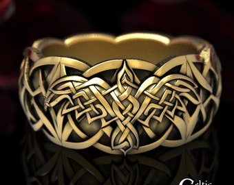 Gold Celtic Raven Ring, Raven Wedding Band, Mens Wedding Band, Mens Platinum Ring, Celtic Knot Ring, Gothic Bird Ring, Viking Gold Ring 1748