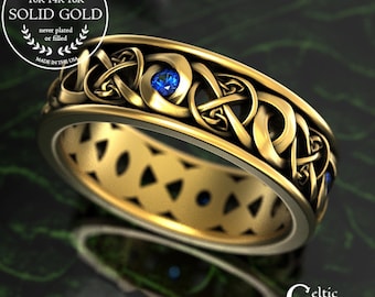 Men's Gold Celtic Trinity Ring, Sapphire & 14K Yellow Gold Irish Groom, Platinum Scottish Wedding Band, Men's 18K Anniversary Ring, 1991
