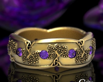 Amethyst & Gold Celtic Tree of Life Ring, Gold World Tree Ring, Mens Tree of Life Wedding Ring, Gaelic Inspired Tree Handfasting Ring, 1365