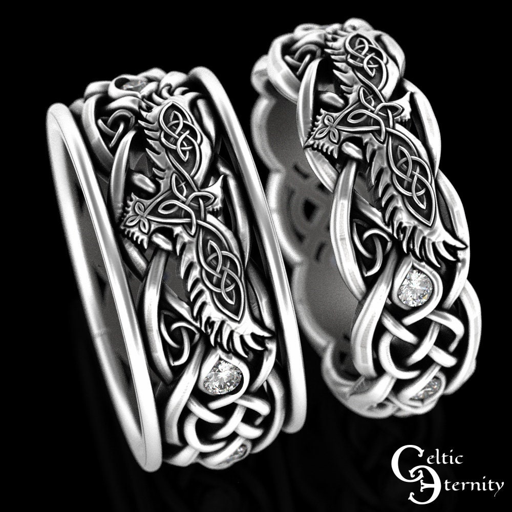 Dual Raven Rings 10K Moissanite Viking Wedding Rings, Gold Raven Ring Set, 10K Raven ...