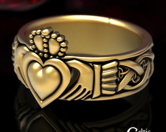 Gold Infinity Mens Claddagh Ring, Modern Claddagh Ring, Man Celtic Wedding Band, Gold Irish Heart Ring, Platinum Claddagh Wedding Ring, 1544