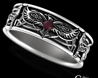 Mens Ruby Viking Ring, 2 Wolves & Raven Wedding Band, Sterling Mens Wedding Band, Raven Jewelry, Sterling Wolf Ring, Silver Raven Ring, 1698