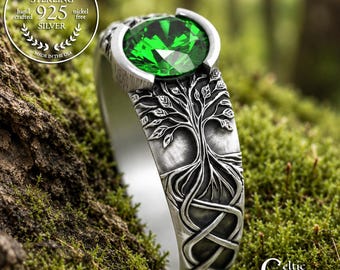 Emerald Tree of Life Engagement, Sterling Sapphire Celtic Tree Ring, Ruby Forest Solitaire, Bezel Wedding Ring, Low-Profile Engagement, 2034