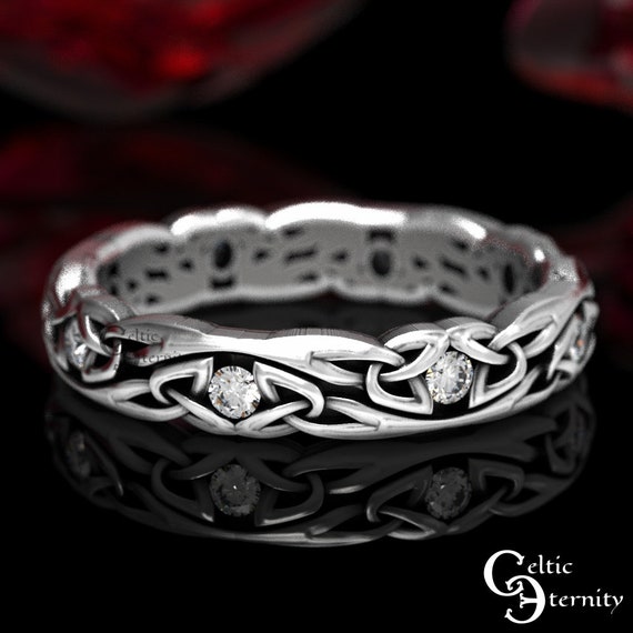 Moissanite & Silver Celtic Wedding Band, Narrow Wedding Ring, Sterling Silver Wedding Ring, Moissanite Wedding Band, Thin Wedding Ring, 1467