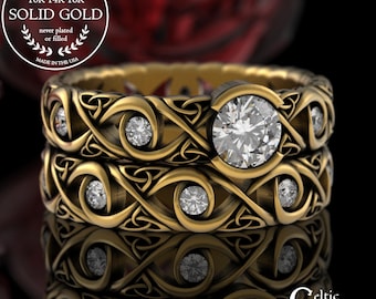 Gold Bridal Wedding Set with Notched Accent Ring, 10K Moissanite Fitted Wedding Rings, 14K Celtic Infinity Knot Engagement Set, 1741 4043