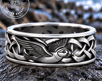 Sterling Marine Bird Ring, Men's Puffin Wedding Band, Silver Celtic Bird Ring, Flying Bird Jewelry, Irish Coastal Ring, 2123