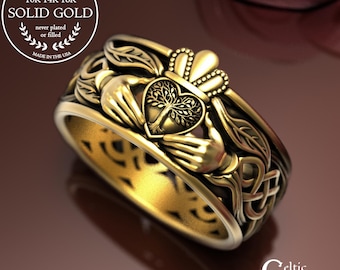 14K Mens Gold Botanical Claddagh Ring, 10K Celtic Tree Heart Wedding Band, White Gold Ireland Sacred Union Ring, 18K Nature Crown Ring, 2040