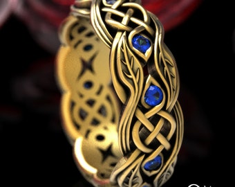 Gold & Sapphire Leaf Celtic Knotwork Ring, 10K 14K Gold Irish Nature Wedding Band, Womens White Gold Botanical Inspired Wedding Ring, 1963