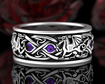 Amethyst Dragon Knotwork Ring, Woven Viking Wedding Band, Sterling Silver Dragon Wedding Ring, Amethyst Celtic Mens Ring, Nordic Norse, 3109