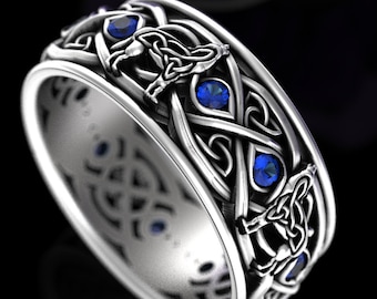 Mens Wolf Wedding Band, Sapphire & Sterling Silver, Mens Celtic Wedding Ring, Mens Wide Wedding Ring, Mens Wolf Ring, Wolf Wedding, 1269