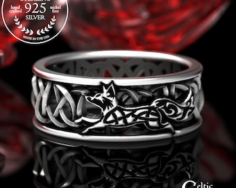 Celtic Fox Silver Ring, Sterling Fox Wedding Band, Womens Wedding Band, Irish Wedding, Fox Jewelry, Irish Fox Ring, Silver Scottish Fox 1151