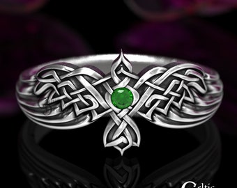 Emerald Celtic Ring, Sterling Silver Raven Ring, Raven Wedding Ring, Raven Jewelry, Bird Wedding Ring, Silver Goth Ring, Viking Bird, 1478