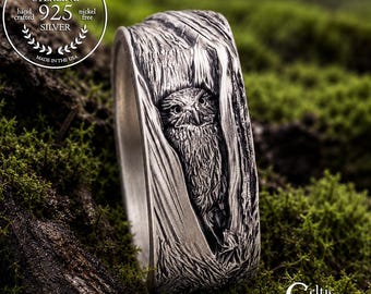 Sterling Silver Owl Wedding Ring, Hoot Owl Wedding Band, 925 Tree Bark Wedding Rings, Night Owl Wedding Ring, Barn Owl Ring, 1792
