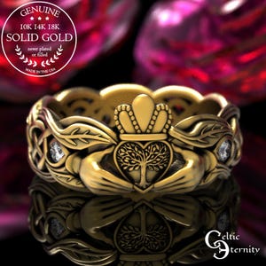 Anillo Claddagh de oro para mujer con corazón, anillo botánico de oro de 10 quilates con árbol, anillo de bodas con corona y bosque de oro blanco, anillo de matrimonio escocés de 18 quilates, 2041