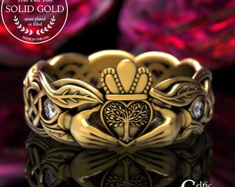 Gold Woman's Heart Claddagh Band, 10K Gold Botanical Tree Ring, White Gold Forest & Crown Wedding Ring, 18K Scottish Handfasting Ring, 2041