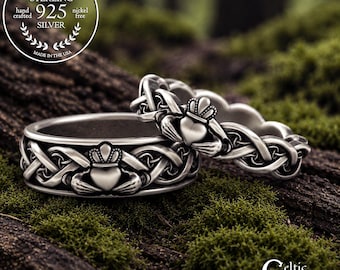 Bride Groom Claddagh Ring Set, Sterling Matching Celtic Heart Rings, Traditional Irish His Hers Wedding Bands, Silver Anniversary, 3280 3222