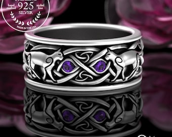 Mens Cat Wedding Band, Sterling Silver Celtic Cat Lover Ring, Amethyst Cat Wedding Ring, Scottish Knotwork Ring, Kitty Feline Ring, 3099