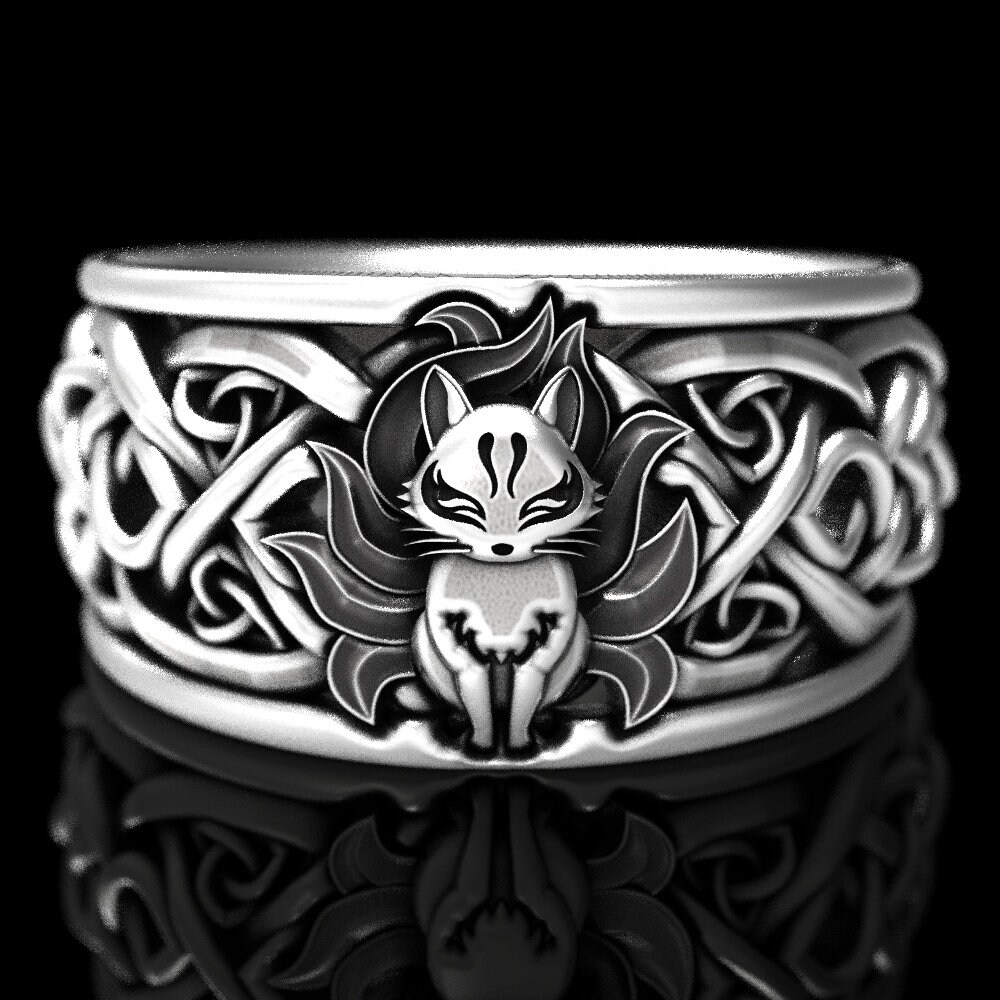 Kitsune Fox Celtic Ring, Kistune Ring Sterling Silver, Fox Kistune