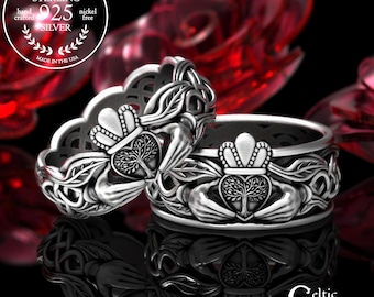 Sterling Bride Groom Chladaigh Set, Silver Irish Tree Wedding Rings, Botanical Leaf Crown Bands, Matching Druid Forest Handfasting,2039 2040