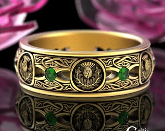 Emerald Gold Thistle Wedding Band, 10K Emerald Scottish Mens Ring, 14K Gold Thistle Wedding Ring, 10K Gold Irish Emerald Ring, 4409