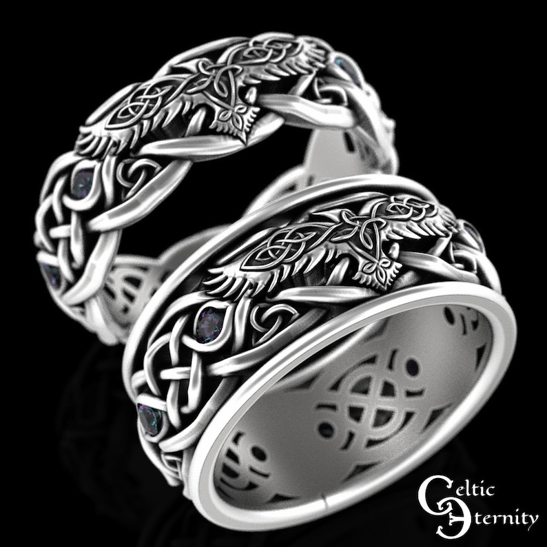 Dual Raven Rings Sterling Viking Wedding Rings, Alexandrite Raven Rings, Celtic Raven ...