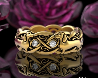 Gold & Moissanite Dachshund Ring, 10K Doxie Dog Ring, 14K Celtic Dog Ring, Gold Dog Jewelry, Platinum Dog Lover Gift, Canine Dog Show, 3012