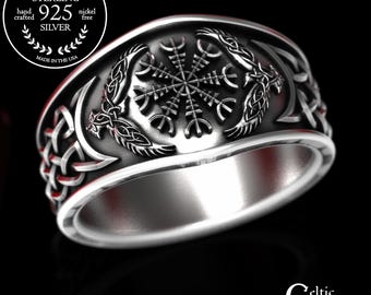 Viking Helm of Awe Ring, Sterling Viking Ring of Protection, Viking Rune Ring, Runes of Protection, Mens Wedding Band in Sterling, 1160