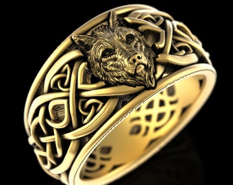 Mens Gold Viking Wolf Ring, 10K Gold Wolf Celtic Signet Ring, 14K White Gold Irish Wolf Knotwork Wedding Band, 18K Thick Men Gold Ring, 3110