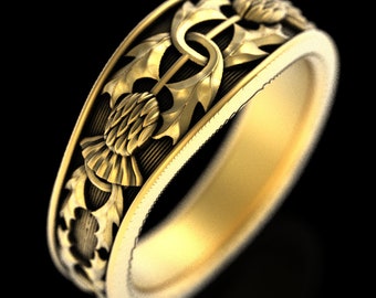 Scottish Thistle Ring, 10K 14K or 18K Gold Wedding Ring, Unique Ring, Botanical Jewelry, Handcrafted Rings, Platinum or Gold 1779