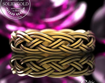 Woman's Gold Double Strand Celtic Knot Ring, 14K Irish Weave Wedding Band, Platinum Welsh Bride Ring, 2146